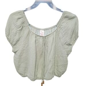 No Boundaries Sage Green Cotton Gauze Crop Top XXL 19 Boho Short Sleeve Blouse
